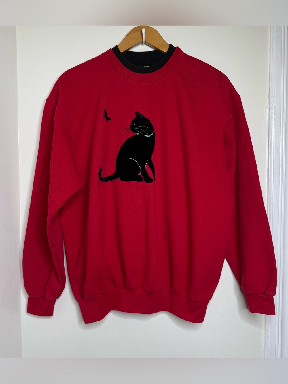 Vintage 90s Top Stitch Velvet Black Cat Sweatshirt NO SIZE Red